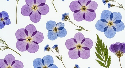 Fototapeta premium Nature wallpaper. Pressed Floral Arrangement with Blue and Purple Flowers on White
