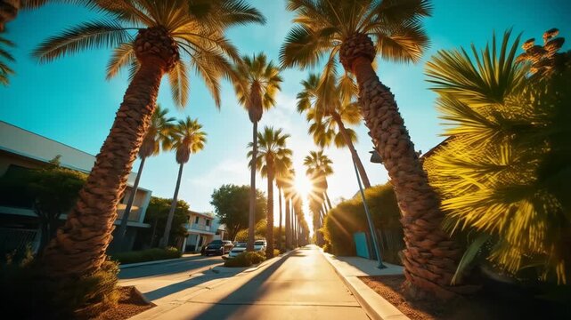 street view with palm trees, houses and sun in summer