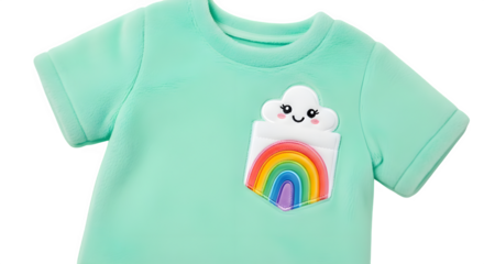 Cute mint green t shirt with a smiling cloud and rainbow pocket design isolated on transparent background