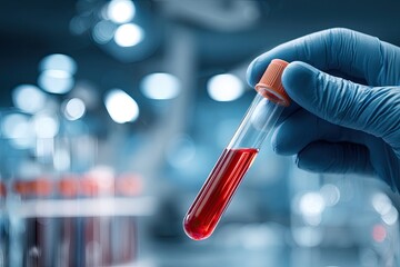 A gloved hand holds a test tube filled with red liquid in a laboratory setting