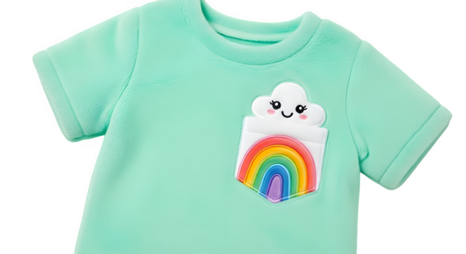 Cute mint green t shirt with a smiling cloud and rainbow pocket design isolated on transparent background