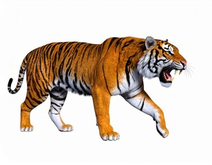 Obraz premium Realistic wild tiger walking with open mouth showing teeth and pink tongue on a plain white background for wildlife photography and ferocious animal imagery