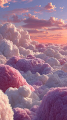 Fluffy clouds in shades of pink and purple create dreamy landscape, evoking sense of wonder and tranquility as sun sets in background
