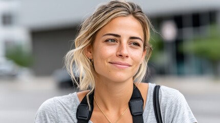 Woman smiling outdoors with a confident expression and casual attire