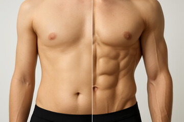 Fototapeta premium Male torso before and after body sculpting with visible fat loss and muscle toning, side-by-side fitness progress comparison for transformation, training, and health improvement visuals