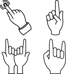 Collection of Fifteen Line Art Hand Gestures: Pointing, Counting, and Fisted Hands in Grey Circles
