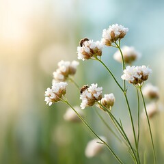 wild meadow blooms with bees under summer light, macro depth