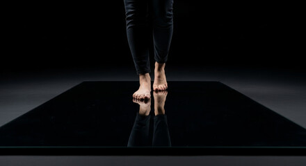 Pair of bare feet walking across a mirror in total darkness