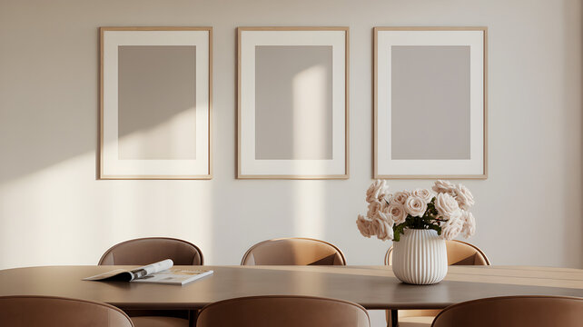 Elegant dining room interior with three framed artworks, a wooden table, brown chairs, and a vase of roses in a minimalist and modern home decor setting - Powered by Adobe