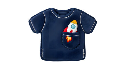 Navy blue t shirt with a rocket ship peeking out of the pocket isolated on transparent background