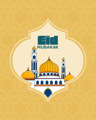 Naklejka premium Modern Eid Mubarak greeting with an intricate Islamic mosque illustration, enclosed in an elegant arch frame. The yellow geometric background enhances the festive and cultural appeal.