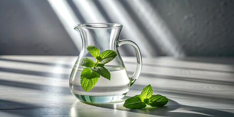 A glass pitcher filled with water and fresh mint leaves sits on a white table, illuminated by sunlight creating a refreshing and elegant scene