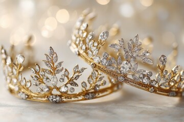 Obraz premium Two ornate gold crowns, studded with glittering gems, rest on a light marble surface. Soft, out-of-focus golden lights softly illuminate the scene
