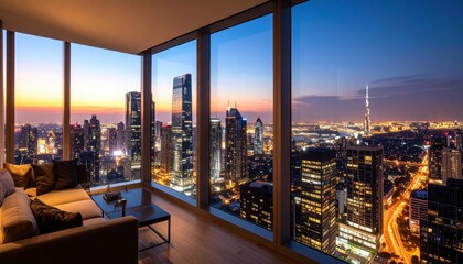 High-Rise Apartment View Of Dubai Skyline At Sunset