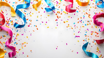 Obraz premium Сute abstract border, background of colorful falling top down confetti of multicolored lines, ribbons, squiggles on light background, hand drawn illustration, flat style, copy space