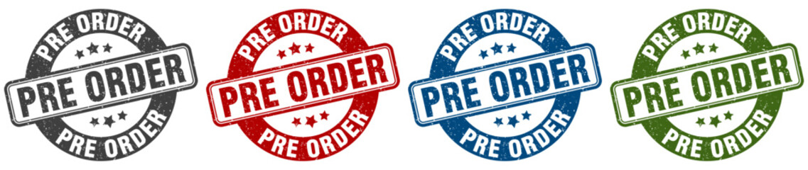 pre order stamp. pre order round stamp set isolated on white background