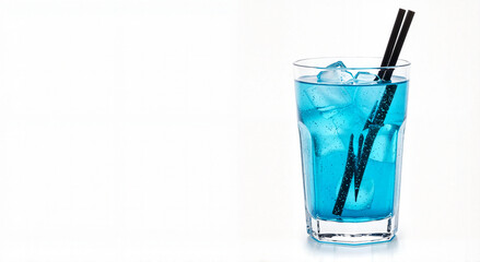 A blue cocktail in a glass with clear ice. White background, space for text