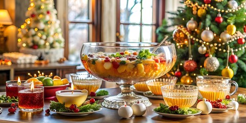 Festive christmas punch bowl with fruit and decorations on a table, creating a warm and inviting atmosphere for holiday celebrations and gatherings