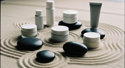 Skincare cosmetic products in a tranquil zen garden with stones.