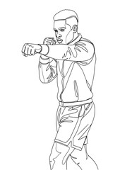 A continuous line art of a male boxer in an aggressive fighting stance.
