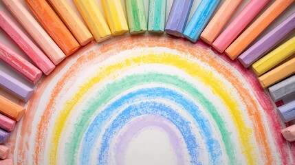 Obraz premium A rainbow drawing with chalk sticks arranged around it in a semi circle on a white background