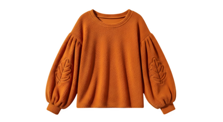 Orange knitted sweater with voluminous balloon sleeves isolated on transparent background