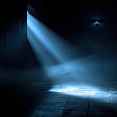 Light beams pierce dark room,  illuminating  fog