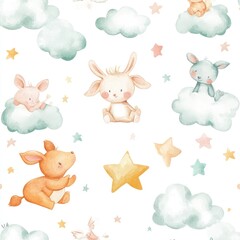 Fototapeta premium Cute bunnies and clouds, pastel colors, seamless pattern