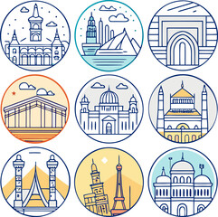  World Landmarks Travel Badge Line Art Set