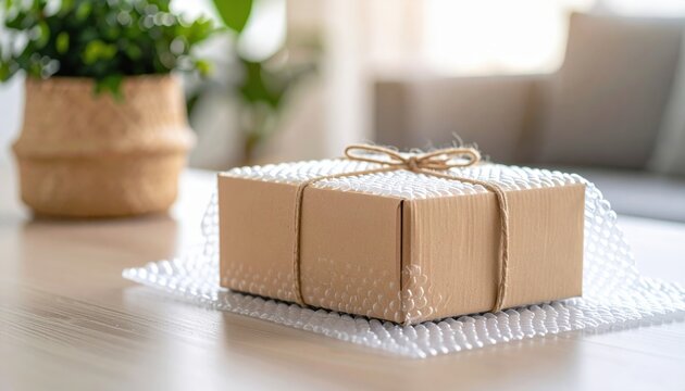Neutral Gift Box Wrapped In Brown Paper And Bubble Wrap On White Table