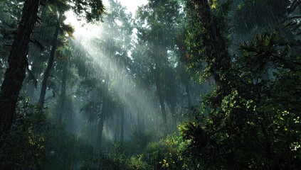 Obraz premium Sunlight streams through rain-filled forest canopy. Lush green trees and foliage fill the scene, creating a misty atmosphere