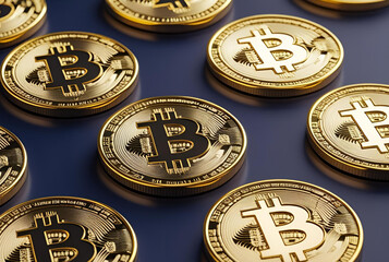 Pattern of golden Bitcoin cryptocurrency coins on a blue background