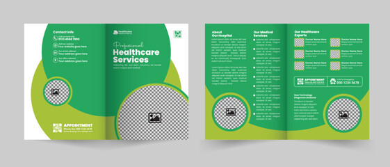 Medical and healthcare service bifold brochure design or hospital clinic promotion 2-fold brochure template, Multipurpose template with cover, back, and inside pages layout