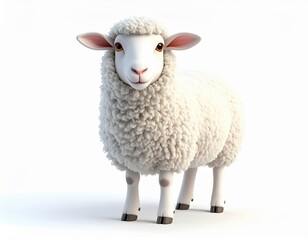 Adorable fluffy white sheep with curly wool standing on white surface in detailed studio shot, showcasing farm animal, livestock, and rural life themes