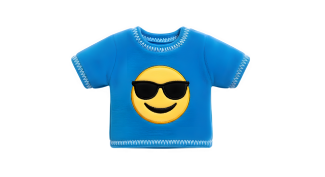 Blue t shirt with a cool emoji wearing sunglasses isolated on transparent background