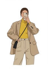 Stylish woman in a beige blazer and trousers with a yellow turtleneck, taking a selfie with her phone, isolated on white background