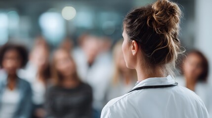 Woman educating a crowd about public health and hygiene