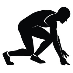 Minimalist silhouette of a young man athlete in the ready position at a sprinting start 