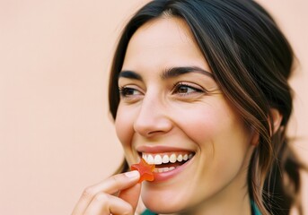 Happy woman eating a star-shaped gummy vitamin supplement.