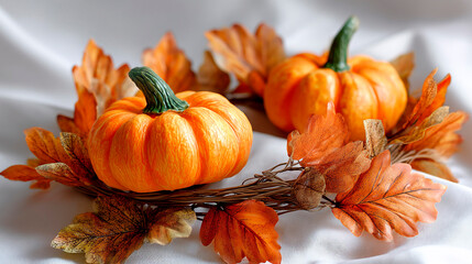 Two small pumpkins with orange autumn leaves in a rustic wreath arrangement, symbolizing seasonal harvest and fall decor on a soft white fabric background