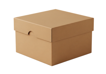 A plain brown cube shaped cardboard box with a lid, closed for shipping. Isolated on transparent background, png
