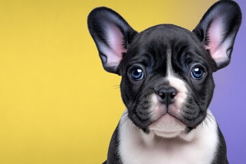 Charming French Bulldog puppy showcasing its captivating blue eyes against a dynamic yellow and purple backdrop in a playful, engaging portrait exuding warmth and affection for pet lovers