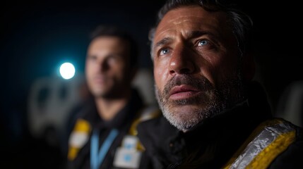 Obraz premium Government officials coordinating disaster relief efforts at night