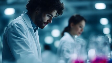 Scientists conducting medical research in a high tech laboratory setting