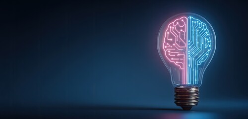 A glowing lightbulb shaped like a brain with circuit board design, split in half, lit with pink and blue neon lines on a dark background