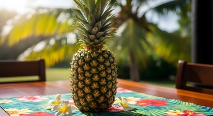 Tropical Pineapple Still Life: A vibrant pineapple, a symbol of hospitality and tropical paradise, rests on a beautifully adorned table with delicate floral details and a sunlit backdrop.