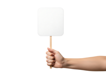 Hand holding a small blank white protest sign on a wooden stick mockup. Isolated on transparent background, png