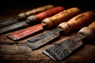 Rustic old woodworking chisels with wooden handles on a dark workbench.