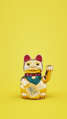 Maneki-neko cat waving his paw on yellow background. Gold fortune cats wave paws vertical illustration. Maneki neko Japanese and Chinese figure fortune and luck cat.	
