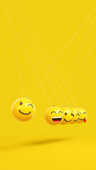 Newton's cradle happy emoji concept. Friendly emoticons swinging as Newton's Laws of Motion. Many happy emoticons with laughing, happiness and smile expressions perpetual motion illustration idea.